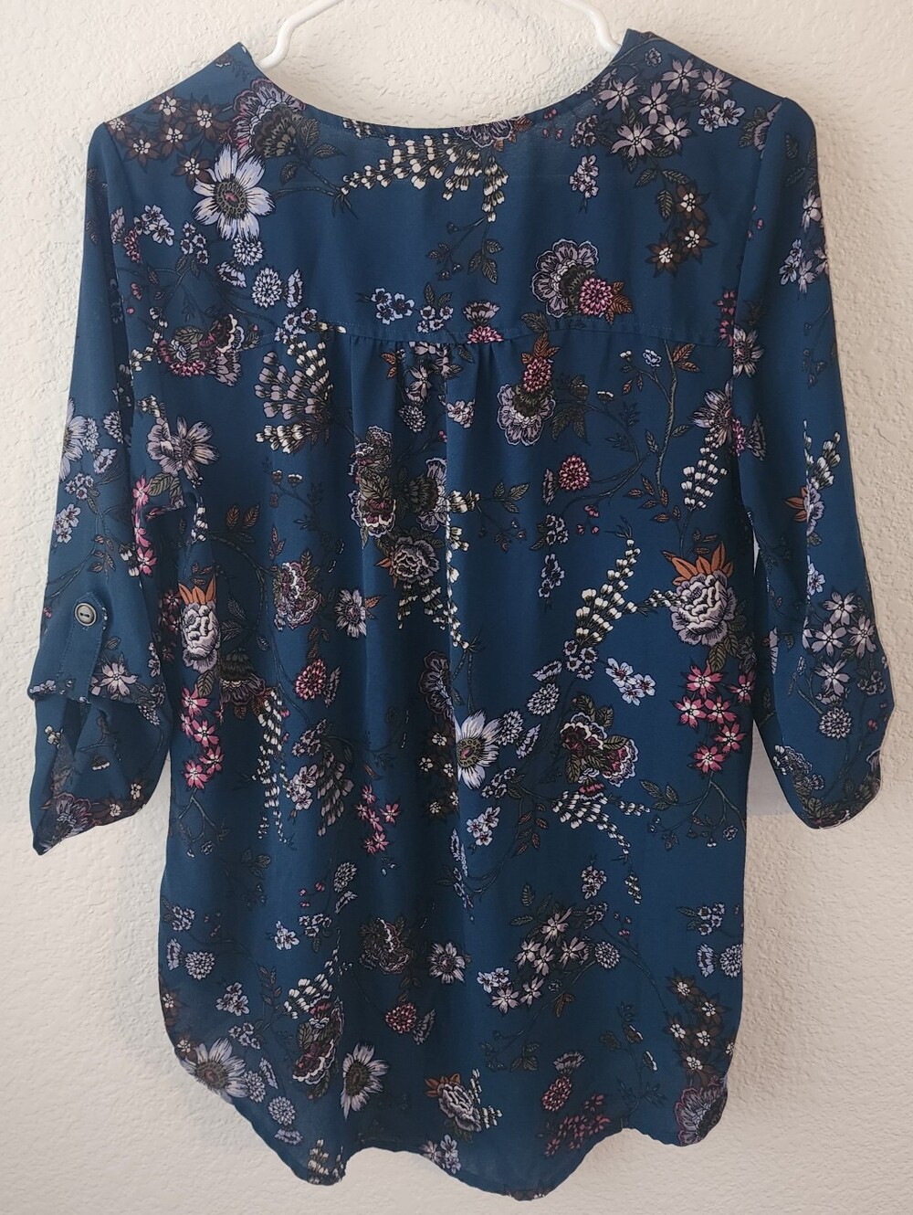 Teal Floral Zip Neck Roll Tab Sleeve Blouse Size S/M - Picture 4 of 4